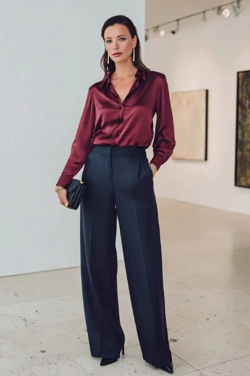 Full body fashion portrait of a sophisticated woman over 50 wearing a timeless burgundy long-sleeve silk blouse with a relaxed drape tucked into wide-leg tailored dark navy trousers 