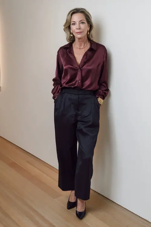 Full body fashion portrait of a sophisticated woman over 50 wearing a timeless burgundy long-sleeve silk blouse with a relaxed drape tucked into wide-leg tailored dark navy trousers