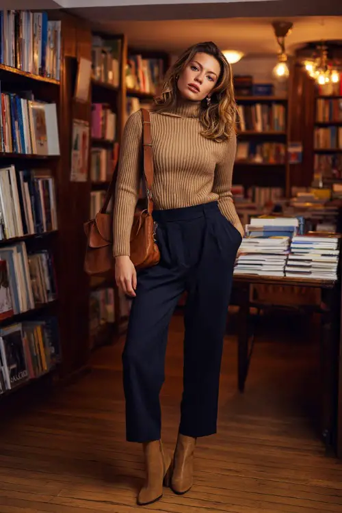 Full body fashion portrait of a stylish woman in a classic camel-tone ribbed fitted turtleneck sweater tucked into high-waisted dark navy straight-leg trousers 