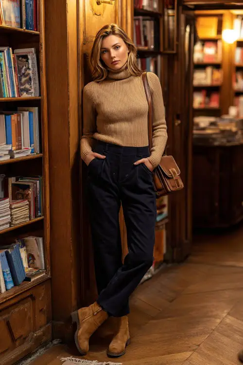 Full body fashion portrait of a stylish woman in a classic camel-tone ribbed fitted turtleneck sweater tucked into high-waisted dark navy straight-leg trousers 
