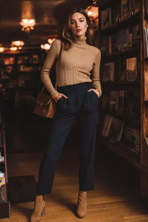 Full body fashion portrait of a stylish woman in a classic camel-tone ribbed fitted turtleneck sweater tucked into high-waisted dark navy straight-leg trousers