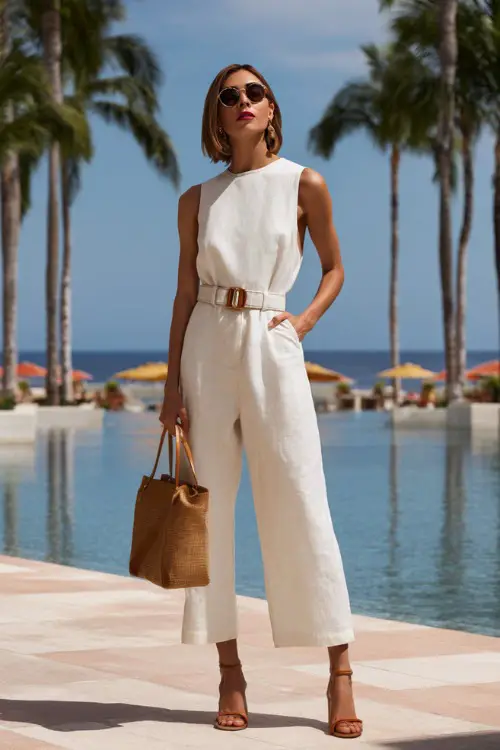 Full body fashion shot of a refined woman in a classic sleeveless white linen jumpsuit with wide-leg pants and a belted waist, wearing tan leather strappy heeled sandals