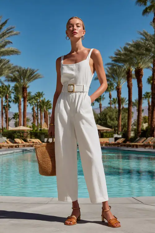 Full body fashion shot of a refined woman in a classic sleeveless white linen jumpsuit with wide-leg pants and a belted waist