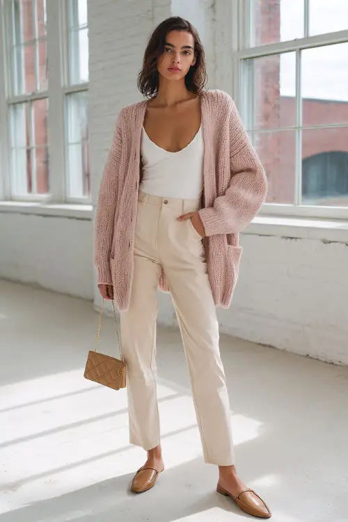 Full body fashion shot of an effortlessly chic woman in a classic soft blush pink oversized knit cardigan worn over a fitted white camisole and high-waisted light beige tailored trousers 