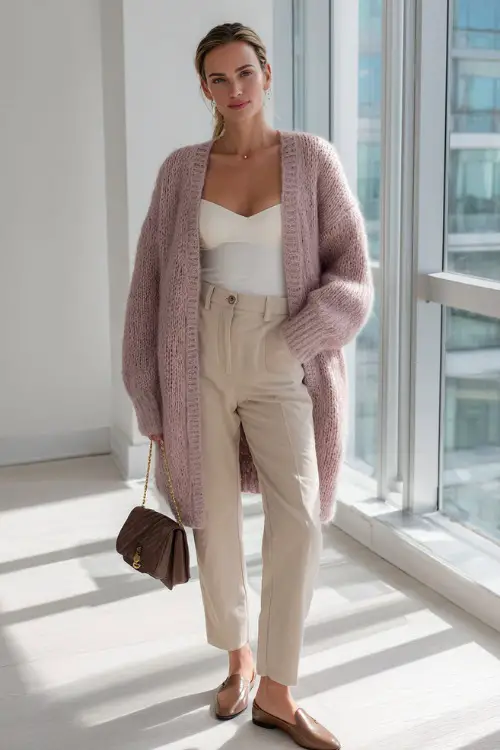 Full body fashion shot of an effortlessly chic woman in a classic soft blush pink oversized knit cardigan worn over a fitted white camisole and high-waisted light beige tailored trousers