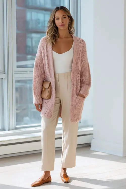 Full body fashion shot of an effortlessly chic woman in a classic soft blush pink oversized knit cardigan worn over a fitted white camisole and high-waisted light beige tailored trousers
