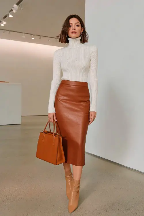 Full body fashion shot of an elegant woman in a classic high-waisted slim straight midi skirt in rich caramel brown leather paired with a fitted soft cream ribbed knit turtleneck tucked in