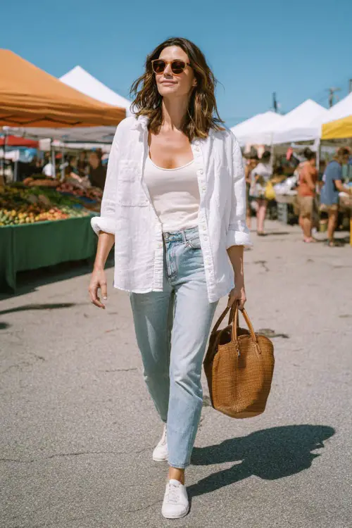 Full body photograph of a relaxed woman wearing a classic soft white linen oversized button-down shirt worn open over a fitted white tank top