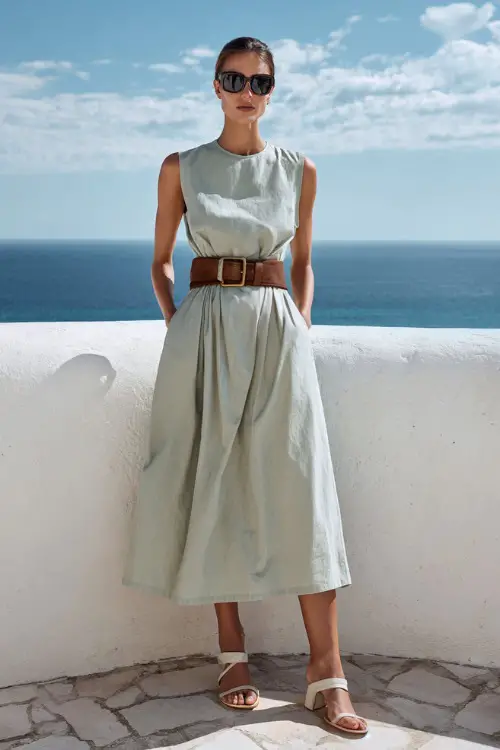 Full body photograph of a sophisticated woman wearing a classic sleeveless A-line dress in soft sage green cotton, belted at the waist with a thin brown leather strap 