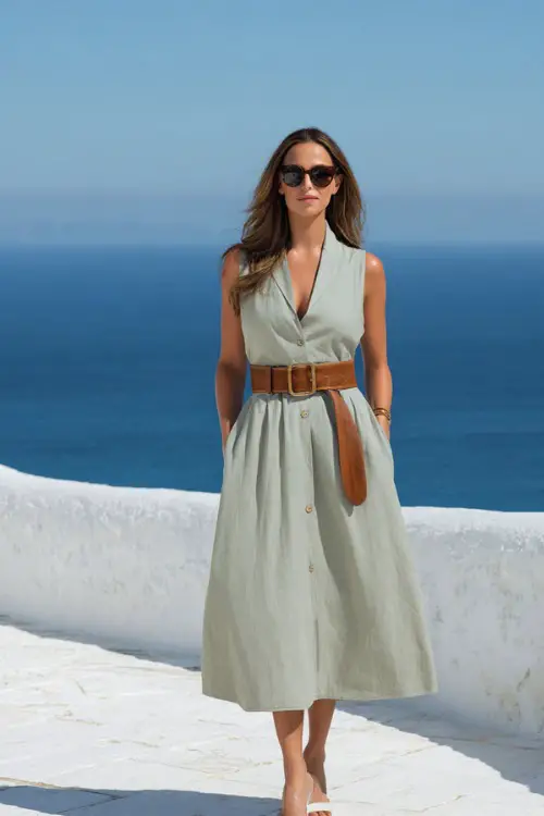 Full body photograph of a sophisticated woman wearing a classic sleeveless A-line dress in soft sage green cotton, belted at the waist with a thin brown leather strap 