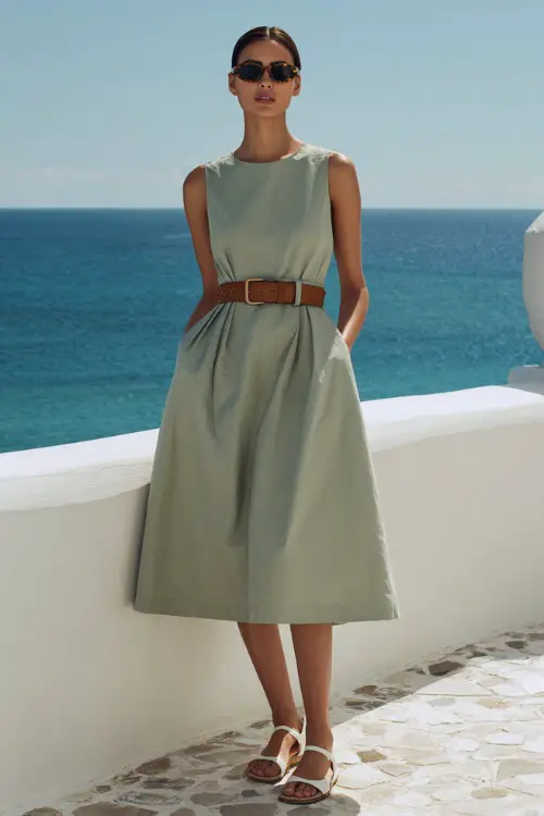 Full body photograph of a sophisticated woman wearing a classic sleeveless A-line dress in soft sage green cotton, belted at the waist with a thin brown leather strap