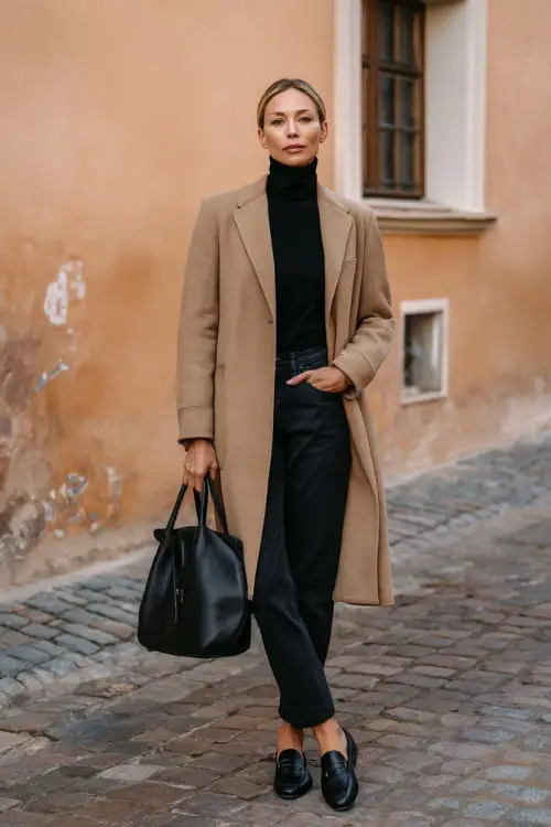 Full body photograph of an elegant woman in her 50s wearing a classic well-tailored knee-length wool coat in soft camel tone over a fitted black turtleneck and slim straight dark wash trousers 