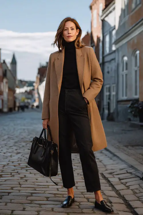 Full body photograph of an elegant woman in her 50s wearing a classic well-tailored knee-length wool coat in soft camel tone over a fitted black turtleneck and slim straight dark wash trousers