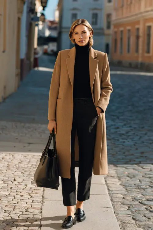Full body photograph of an elegant woman in her 50s wearing a classic well-tailored knee-length wool coat in soft camel tone over a fitted black turtleneck
