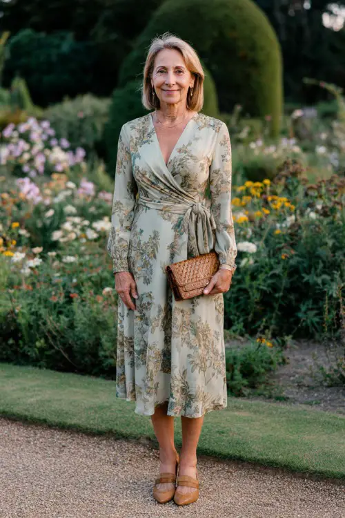 Full body portrait of a stylish and confident woman in her mid-50s wearing a classic floral printed chiffon midi dress with long sleeves and a wrap silhouette in soft muted tones of blush 