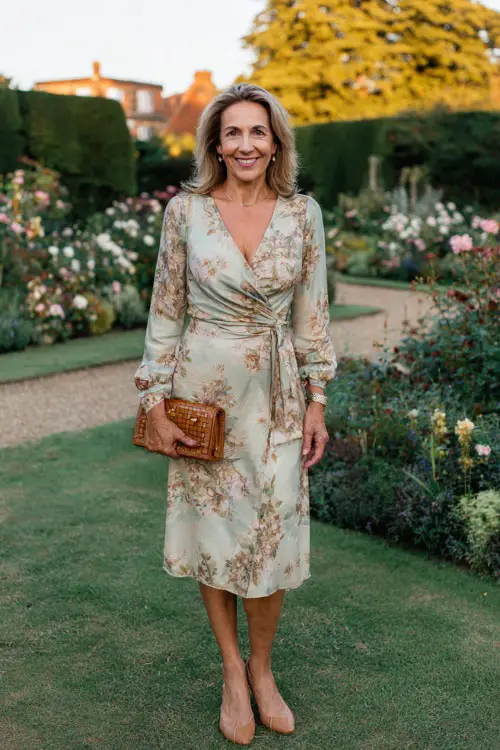Full body portrait of a stylish and confident woman in her mid-50s wearing a classic floral printed chiffon midi dress with long sleeves and a wrap silhouette in soft muted tones of blush