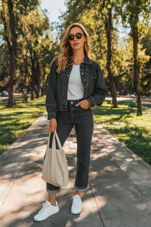 Full body portrait of a stylish woman wearing a classic dark wash slim straight denim jacket over a soft grey fitted crew-neck t-shirt and matching dark wash slim straight denim jeans