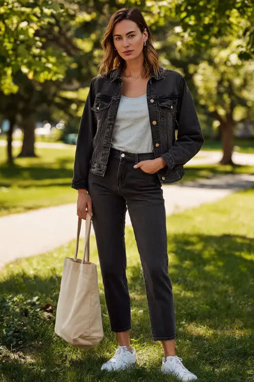 Full body portrait of a stylish woman wearing a classic dark wash slim straight denim jacket over a soft grey fitted crew-neck t-shirt and matching dark wash slim straight denim jeans 