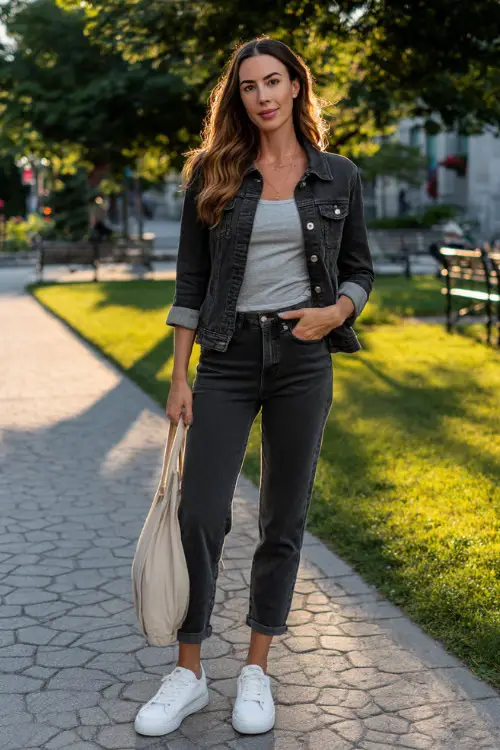 Full body portrait of a stylish woman wearing a classic dark wash slim straight denim jacket over a soft grey fitted crew-neck t-shirt and matching dark wash slim straight denim jeans