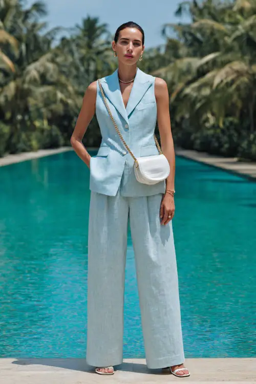 Full body portrait of a stylish woman wearing a classic tailored pale blue linen suit a fitted sleeveless vest and wide-leg trousers