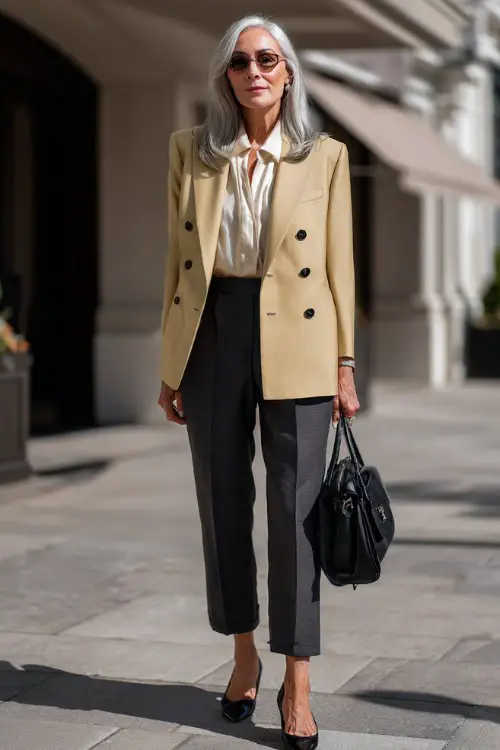 Full body shot of a distinguished and elegant woman in her 50s wearing a tailored double-breasted camel blazer over a classic ivory silk blouse 