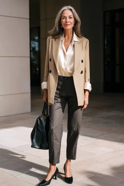 Full body shot of a distinguished and elegant woman in her 50s wearing a tailored double-breasted camel blazer over a classic ivory silk blouse 