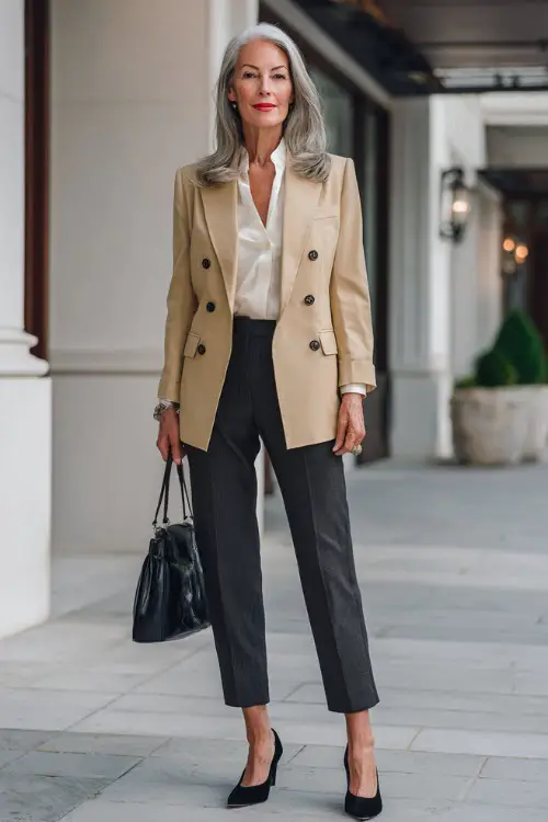 Full body shot of a distinguished and elegant woman in her 50s wearing a tailored double-breasted camel blazer over a classic ivory silk blouse