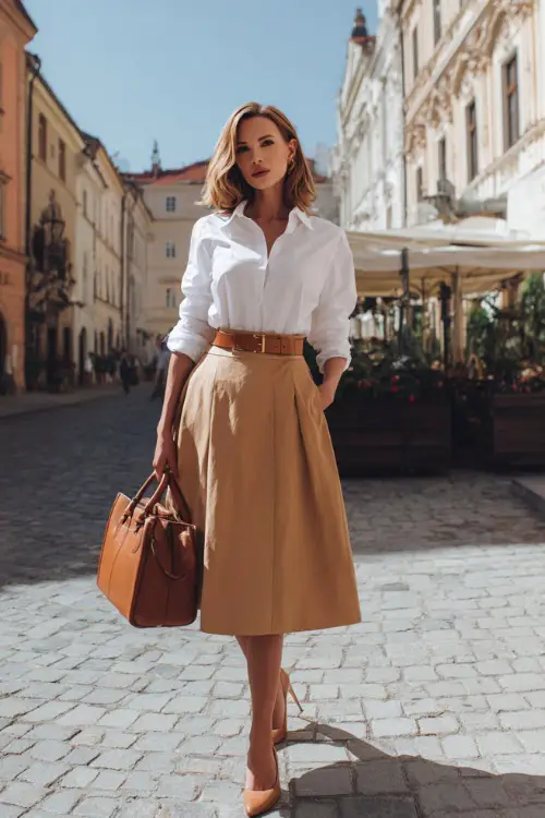 Full body shot of a stylish woman wearing a classic high-waisted A-line midi skirt in soft camel wool paired with a fitted crisp white button-down shirt neatly tucked in, a thin brown leather belt