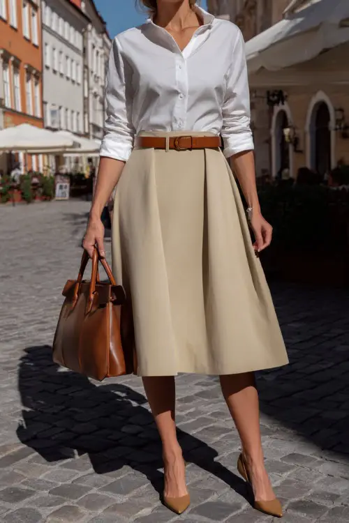 Full body shot of a stylish woman wearing a classic high-waisted A-line midi skirt in soft camel wool paired with a fitted crisp white button-down shirt neatly tucked in
