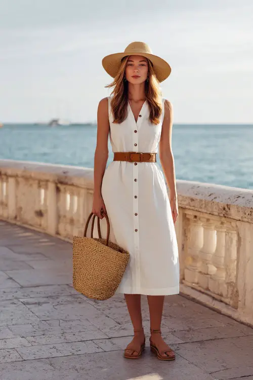 Full body shot of an elegant woman wearing a classic white linen button-down sundress with a cinched waist belt in tan leather, paired with strappy flat sandals and a wide-brim straw hat