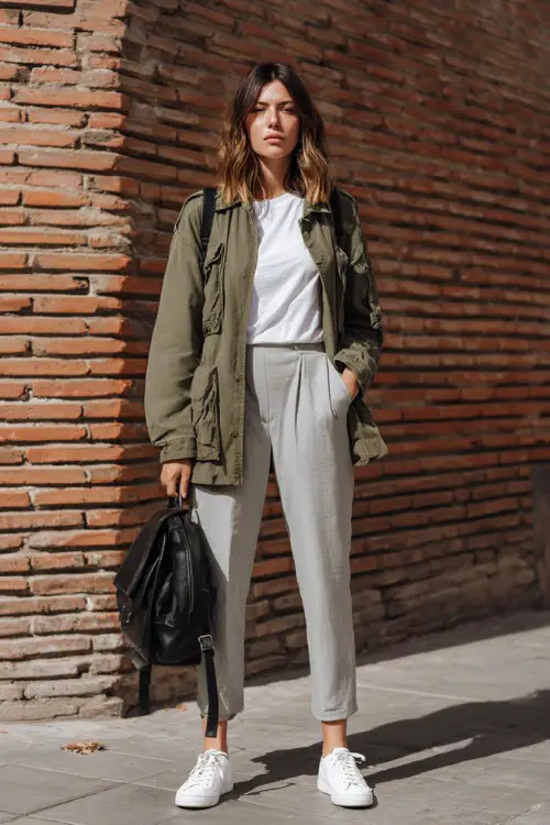 Full body street style shot of a casual chic woman dressed in a classic olive green utility jacket worn over a fitted white t-shirt and high-waisted light grey slim trousers