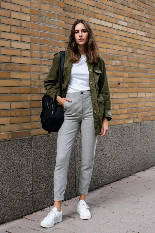 Full body street style shot of a casual chic woman dressed in a classic olive green utility jacket worn over a fitted white t-shirt and high-waisted light grey slim trousers (3)