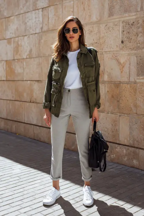 Full body street style shot of a casual chic woman dressed in a classic olive green utility jacket worn over a fitted white t-shirt and high-waisted light grey slim trousers