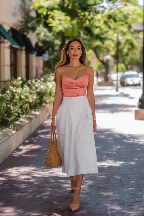 Full body street style shot of a classy woman dressed in a sophisticated coral pink silk camisole blouse tucked into a high-waisted tailored white A-line midi skirt