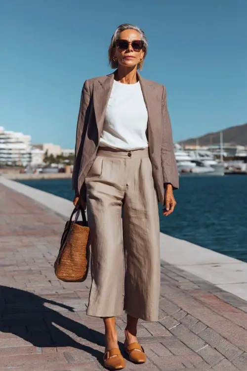 Full body street style shot of a refined woman over 50 dressed in a classic matching co-ord set featuring a relaxed linen blazer and wide-leg trousers in warm taupe 