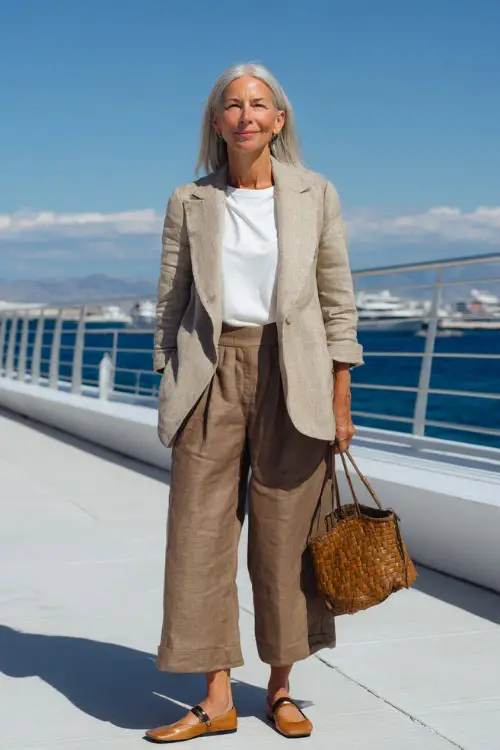 Full body street style shot of a refined woman over 50 dressed in a classic matching co-ord set featuring a relaxed linen blazer and wide-leg trousers in warm taupe