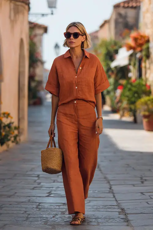 Full body street style shot of an elegant woman dressed in a classic matching linen co-ord set in warm terracotta a relaxed short-sleeve button-up shirt and wide-leg trousers