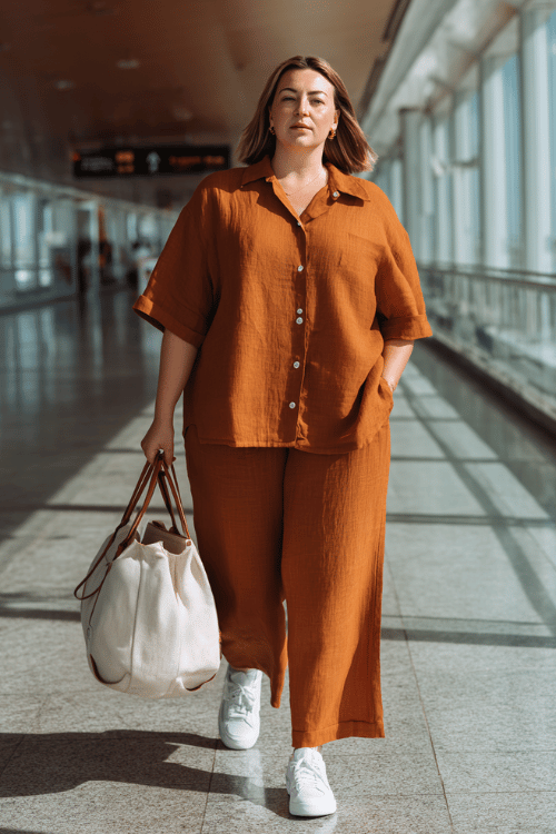 Plus-size woman wearing a relaxed linen co-ord set in warm terracotta wide-leg pants and an oversized short-sleeve button-up shirt with white leather sneakers 