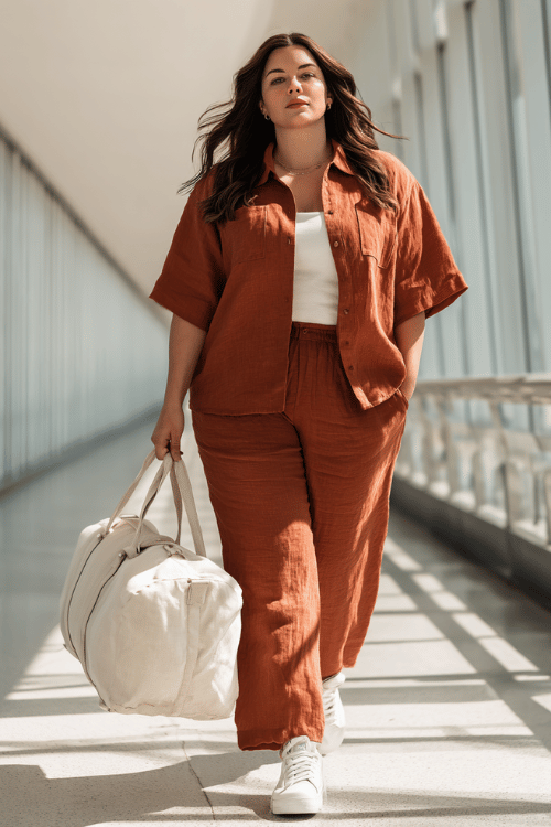 Plus-size woman wearing a relaxed linen co-ord set in warm terracotta wide-leg pants and an oversized short-sleeve button-up shirt with white leather sneakers
