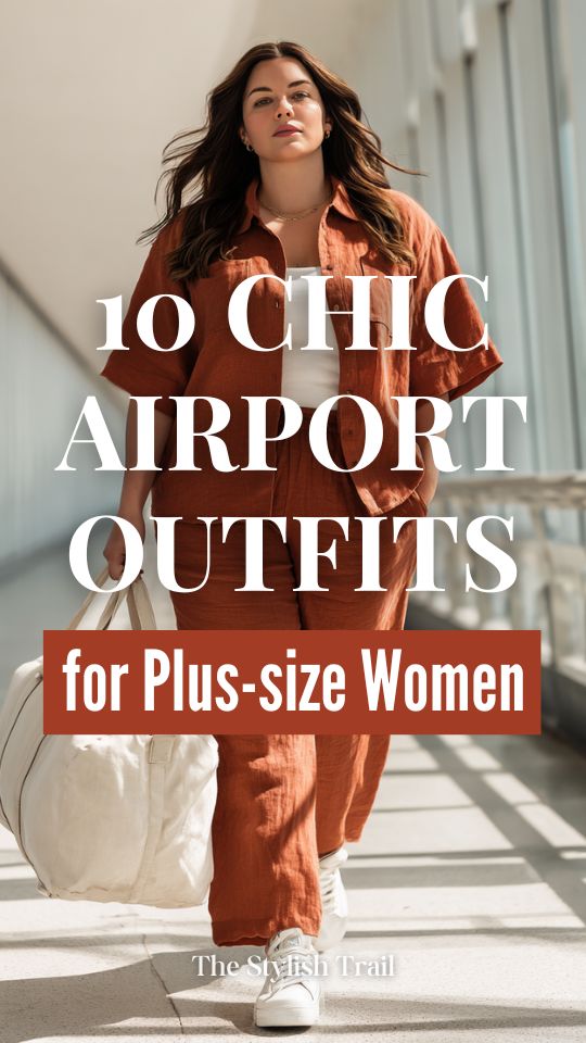 Plus-size woman wearing an airport outfit with a relaxed linen co-ord set in warm terracotta wide-leg pants and an oversized short-sleeve button-up shirt with white leather sneakers