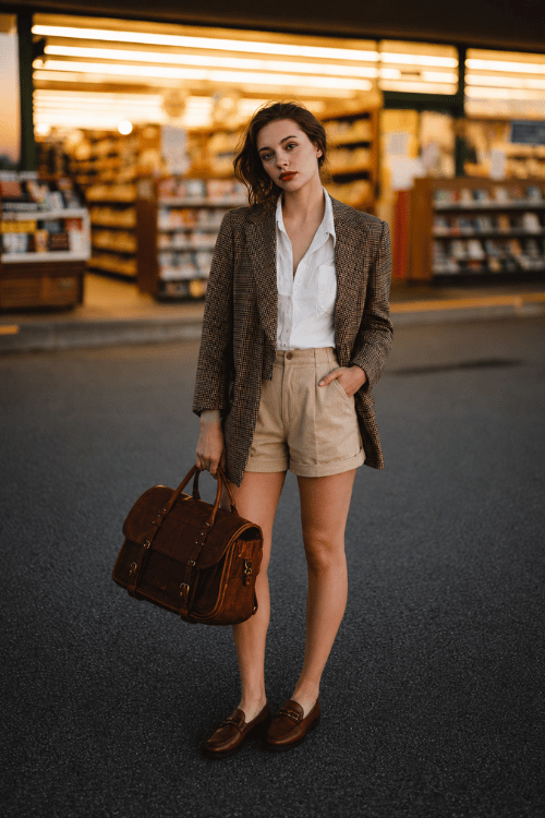 Woman in a dark academia aesthetic summer outfit a lightweight short-sleeve plaid blazer in muted brown tones over a white fitted shirt and tailored bermuda shorts with brown leather loafer