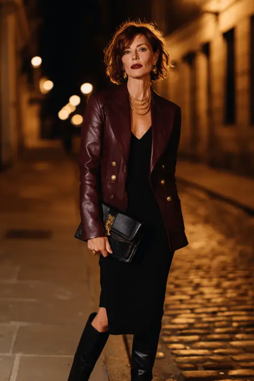 Woman in her mid-40s dressed in a classic edgy outfit featuring a sharp structured deep burgundy leather blazer with bold gold hardware button detailing over a fitted black ribbed midi dres
