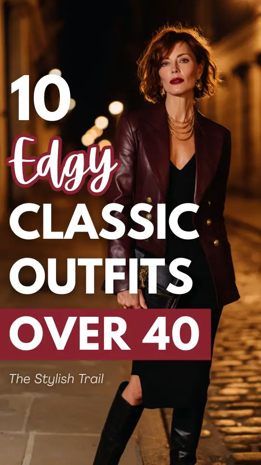 Woman over 40 dressed in a classic edgy outfit featuring a sharp structured deep burgundy leather blazer over a fitted black ribbed midi dress