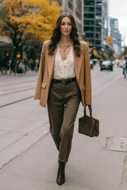 Woman wearing a beige blazer with brown tailored pants and ankle boots for a fall boho work outfit 