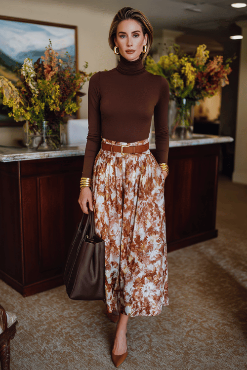 Woman wearing a brown turtleneck sweater with a floral midi skirt and heels for a fall boho work outfit 