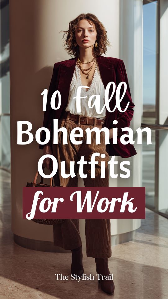 Woman wearing a burgundy velvet blazer with brown corduroy pants and ankle boots for a fall boho work outfit