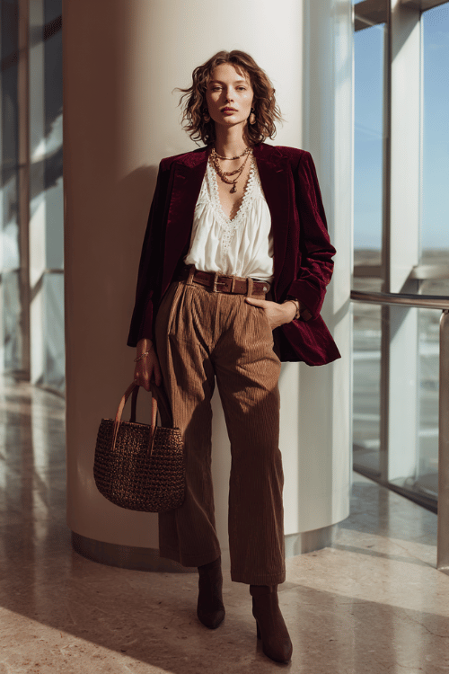 Woman wearing a burgundy velvet blazer with brown corduroy pants and ankle boots for a fall boho work outfit