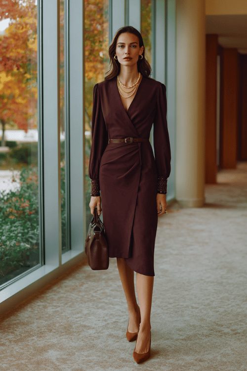 Woman wearing a burgundy wrap midi dress with layered gold necklaces and brown heels for a chic fall boho work outfit