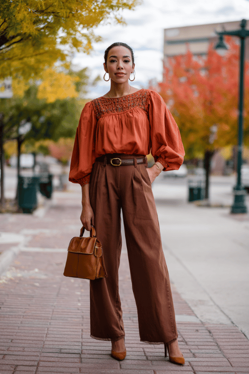 Woman wearing a burnt orange boho blouse with brown wide leg pants and neutral heels for a fall work outfit 