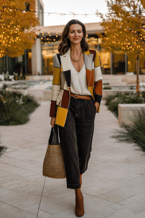Woman wearing a colorful patchwork blazer with dark wide leg jeans and ankle boots for a fall boho work outfit